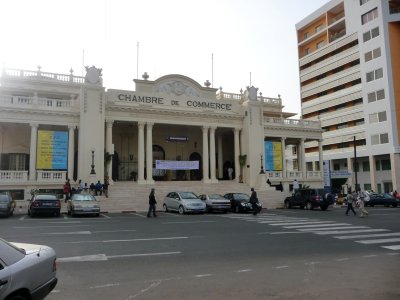 Façade of the French colonial Chamber of Commerce building in Place de l'Indépendance in the heart of modern Dakar.