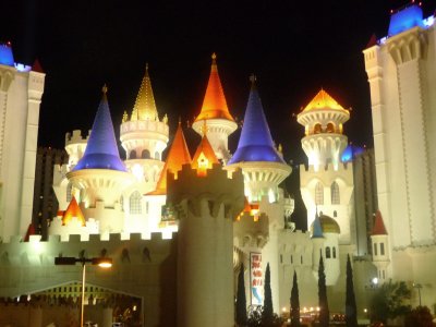 Illuminated towers of the Excalibur hotel and casino.