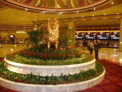 A lion statue display inside the hotel lobby of the MGM Grand.