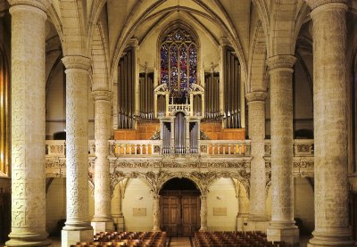 The interior of Notre Dame Cathedral showing the organ pipes.