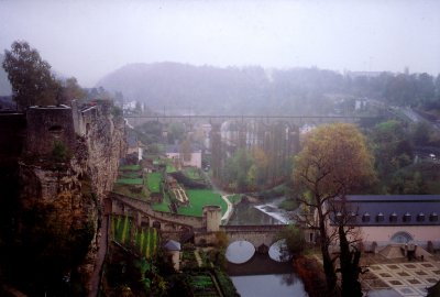 A foggy view of Lower Town on a rainy day.
