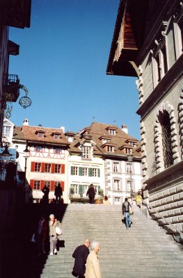 People going up and down the old city steps in Lucerne.