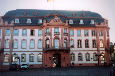 View of the pink and white Osteiner Hof in Schillerplatz, Mainz.