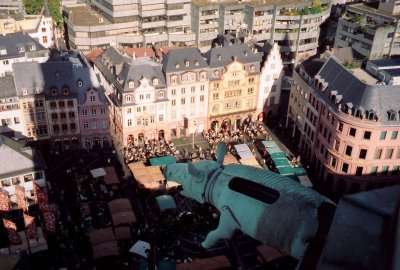 A close-up of the gargoyle with Marktplatz below.