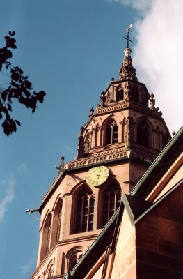 View from below of the main Mainz Cathedral tower (where we just were).