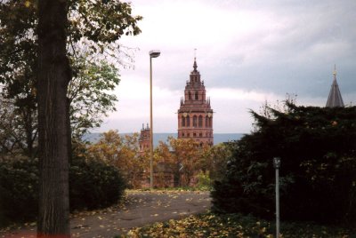 View of the main tower of Mainz Cathedral as seen from the Citadel.
