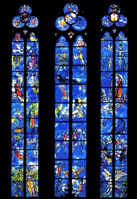 View of the east choir Chagall stained glass windows in St. Stephen's Church.