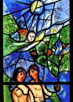 Chagall stained glass window in St. Stephens of Adam and Eve in the Garden of Eden.