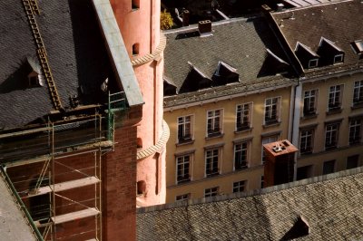 The priest lives in an apartment in the yellow building below (he waved to us from there).