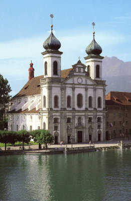 The monumental Jesuit Church was built  between 1666-1673. The main spires were completed in 1893 by H.V. von Segesser.
