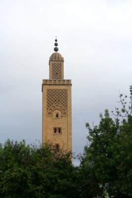 Minaret (a tower attached to a mosque, used for the call to prayer) of a mosque that I walked by in Rabat.