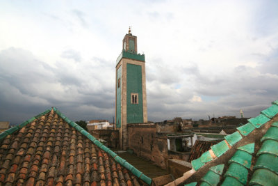 View of a minaret of the Grande Mosque in Meknès from the rooftop of the Medrassa Bou Inania.