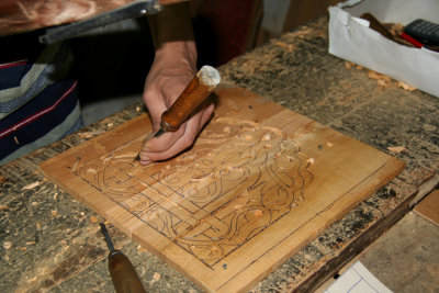 Close-up of his cedar carving.