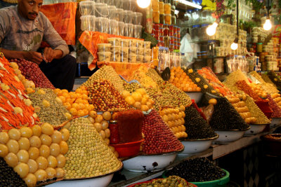 Next, we went to the food market in Meknès where this olive vendor was selling a huge variety of olives.