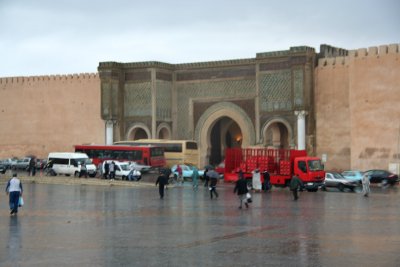 View of the magnificent Bāb el-Mansour Gate from Place Lalla Aouda.