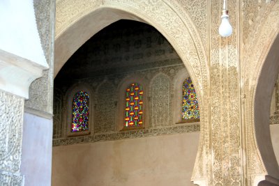 Mosque in the medrassa with stained glass windows. Students were required to pray 5 times a day.