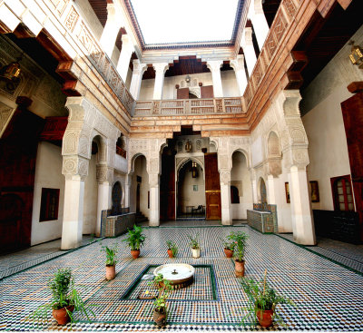A composite (from 3 photos) of the courtyard of Dar Adiyel in Fès. In the summer, the family used the downstairs to stay cool.