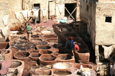 Liquid dyes such as antimony for black, indigo for blue, poppies for red and saffron for yellow are used in the Fès tannery.