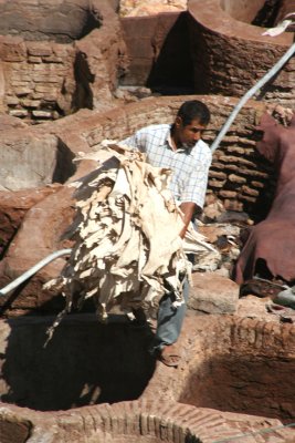 A tanner carrying animal skins.  They need to be in good shape to do this kind of work (and, hopefully, have congested sinuses)!