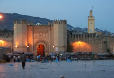 A dusk view of the main gate to the Kasbah (fortress) in Fs.