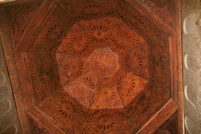 An elaborate cedar ceiling in the room of prayer.