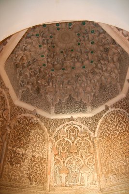 View of a beautiful ceiling in the medrassa. The architecture is a combination of Berber and Arabic.