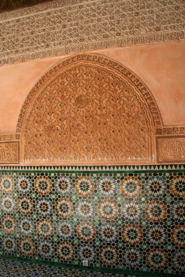 Architectural details and mosaics in the Medrassa Ben Youssef.