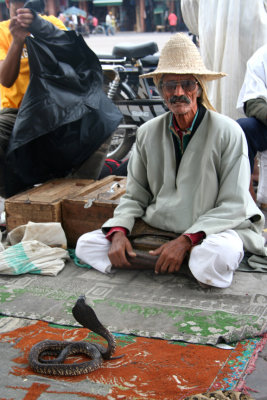 Close-up of the snake charmer at Place Djemaa El-Fna in Marrakech.
