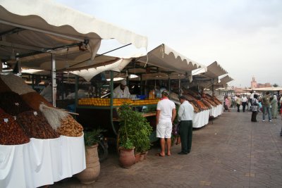 View of a long line of vending carts in Place Djemaa El-Fna.