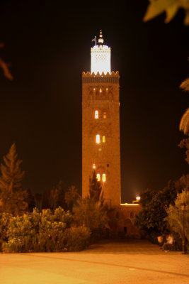 View of the minaret of the Koutoubia Mosque at night, the tallest (70 meters) and most famous landmark in Marrakech.