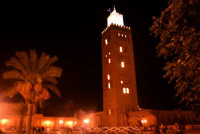 Side view at night of the minaret of the Koutoubia Mosque.  It is the one that is visible from Place Djemaa El-Fna.