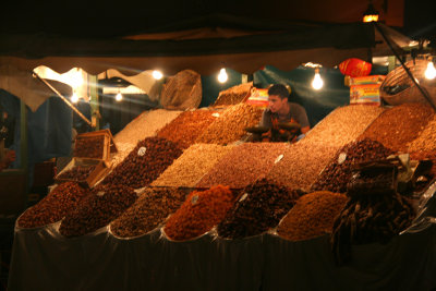 Close-up of the fruit and nuts stand at Place Djemaa El-Fna.
