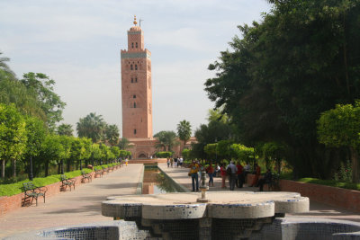 View of the minaret of the Koutoubia Mosque in Marrakech during the daytime. Only Muslims are permitted to enter it.