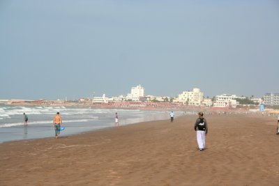 A beach shot along Casablanca's corniche with hotels in the background.