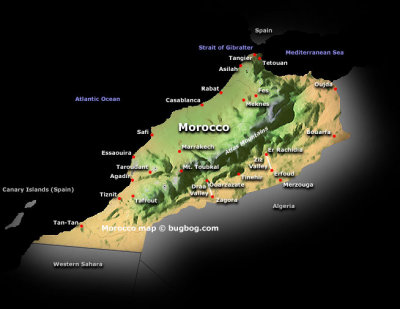 Topographical map of Morocco showing the desert (in brown) and the Atlas Mountains (in dark green).