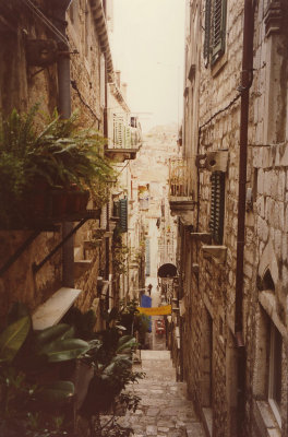 A narrow street with stairs below.