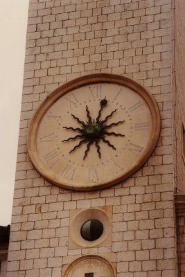 Close-up of the unique clock on the side of the Bell Tower.