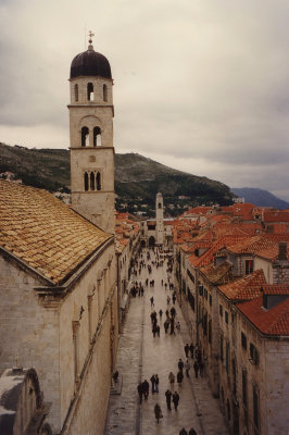 A view of Stradun, the tower of the Church of the Saviour and the Bell Tower from the walls above the Pile Gate.