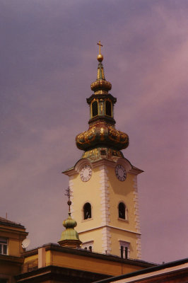 Spire of a Catholic Cathedral located next to Dolac Open Air Market in Zagreb.