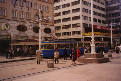 One of Zagrebs ubiquitous blue streetcars in Jelacica Square.