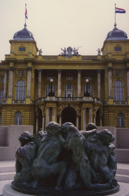 Modern statue in front of the Croatian National Theater.