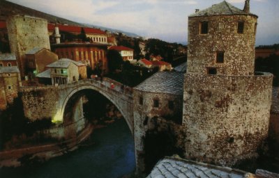 Postcard showing the ancient bridge at Mostar (called Stari Most) before it was destroyed by the Serbs in the Bosnian War.
