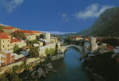 Another depiction of the ancient bridge at Mostar which was first constructed in the 15th century.