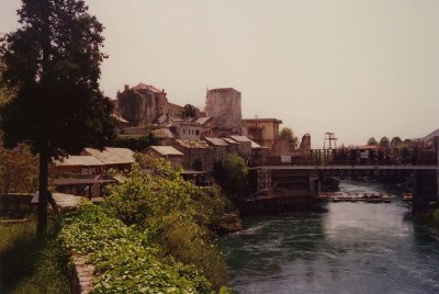 View of the bridge being renovated. It was destroyed by Croatian Defense Council units during the Bosnian War, on Nov. 9, 1993.