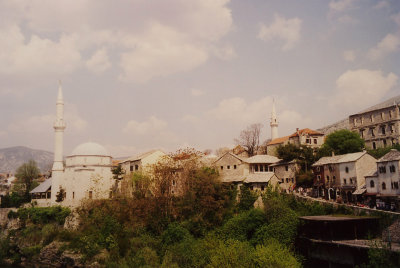 On the other side of the bridge were more of the old city and a mosque with a minaret.