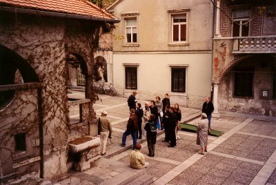 The tour guide and our group. The adjacent complex to the church was formerly the convent of the order of Teutonic Knights.
