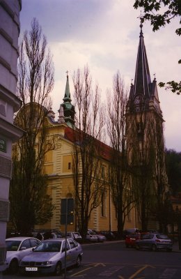 Side view of St. James Parich Church in Ljubljana in Levstik Square. It is a Jesuit church.