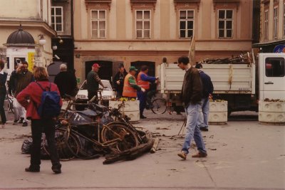 As I passed over the Shoemaker's Bridge, some workmen were dredging the Ljubljanica River of metal junk on the bottom.