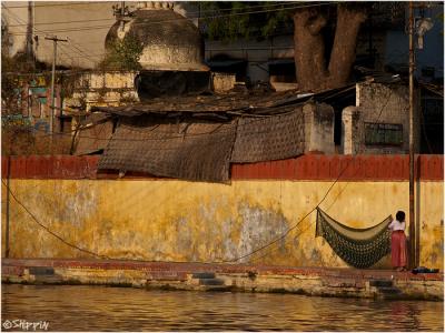 Woman hanging her sari in Udaipur, Rajasthan.