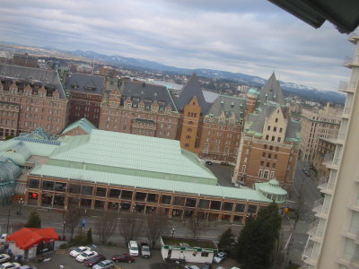 View of the backside of the Empress Hotel and the harbor beyond.